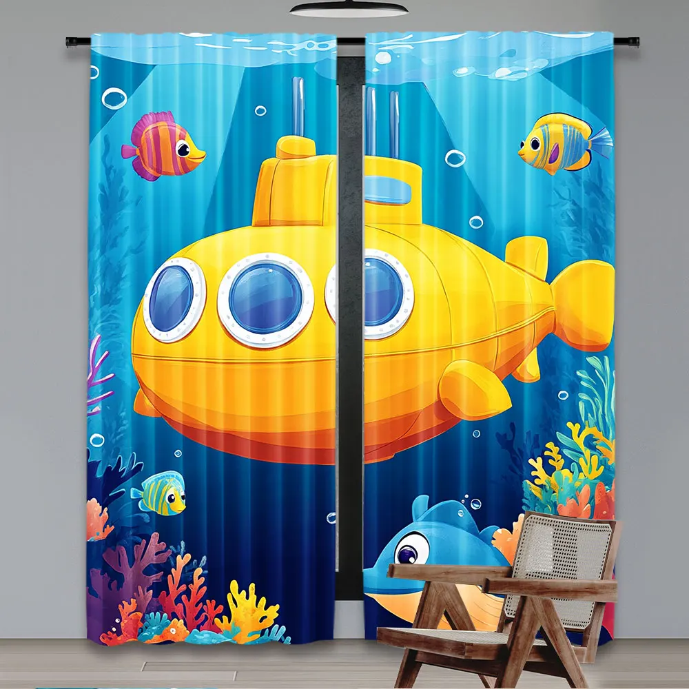 2Pcs Undersea Scenery Submarine Small Fish Water Plants Curtain Suitable For Living Room Bedroom Store