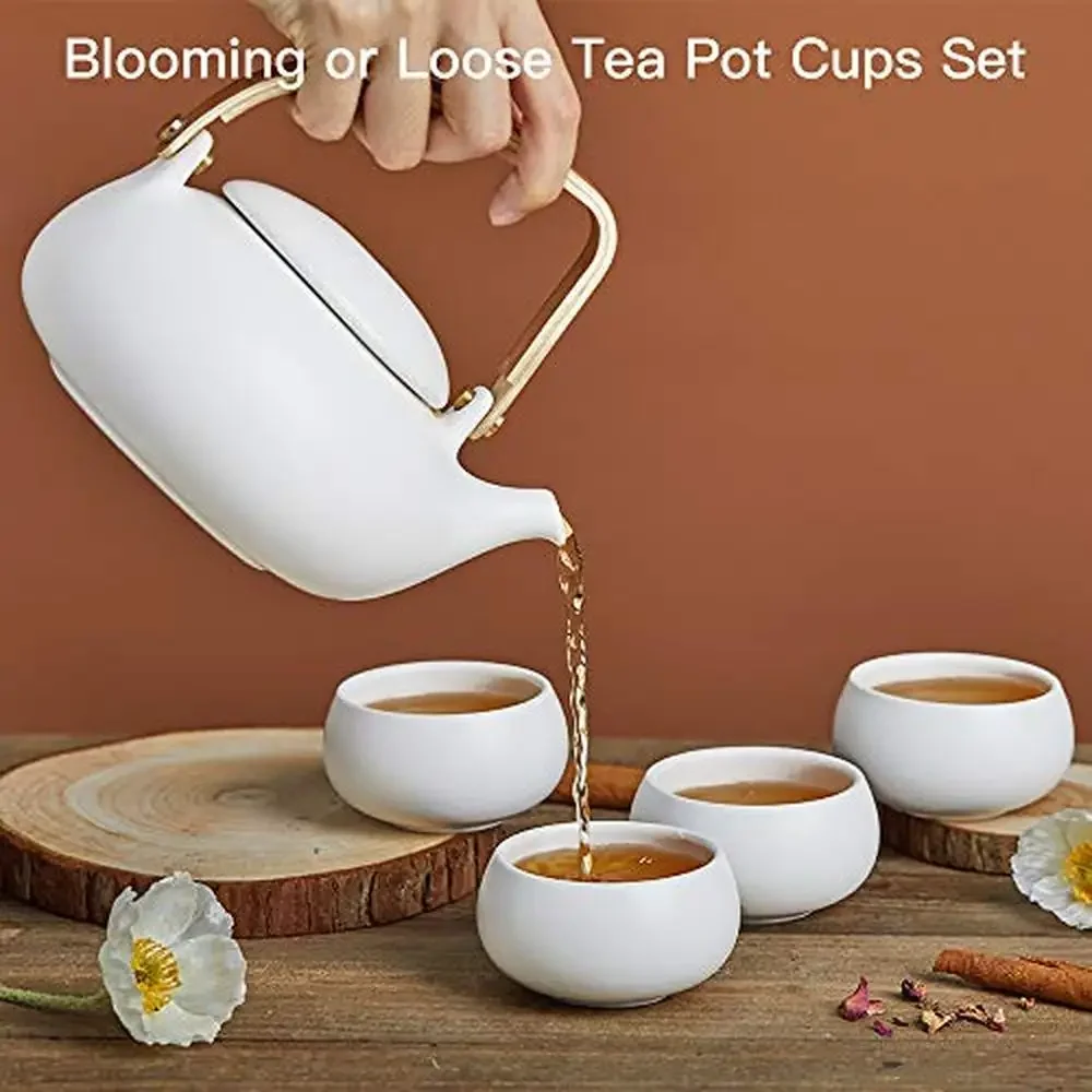 27 oz Japanese Teapot Set with Fine Mesh Tea Strainer and 4 Cups Modern Ceramic Tea Steeper Wood Handle Matte Ideal Gift Tea