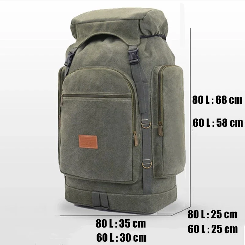 60L 80L Canvas Wearproof Big Capacity Luggage Bags Outdoor Hiking Travel Backpack Men Women Camping Climbing Leisure Sports Bag