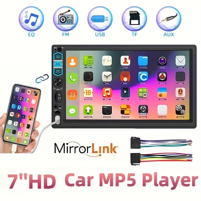 

7-Inch HD Touch Screen Double Din Car Video MP5 Player AUX/USB/SD Digital Display, 7 Color Light, Car Radio