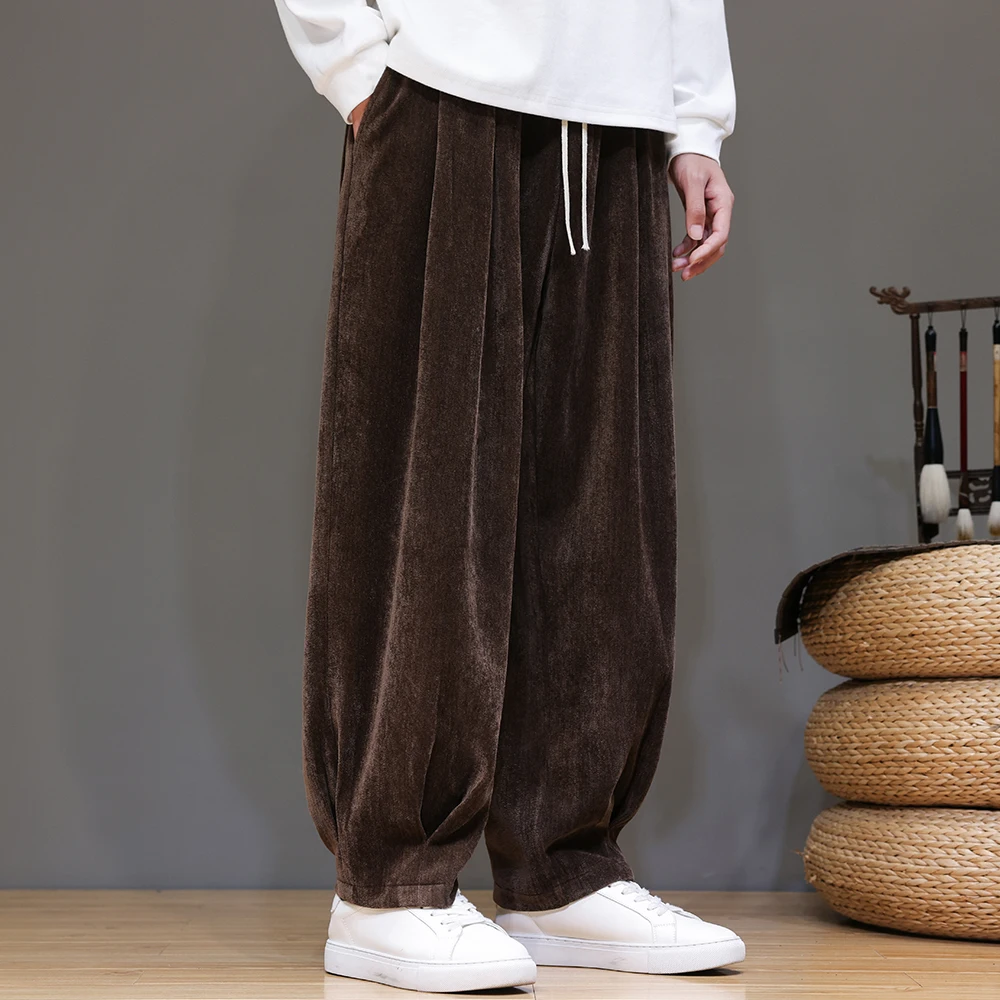 Velvet Retro Pants Men Autumn Winter Thickening Warm Pants Men Loose Fashion Casual Drawstring Solid Large Size Jogging Trousers