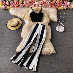 Summer Women 2 Pieces Outfits Spaghetti Strap Sexy Tank Tops Stripe Wide-Leg Pantsuit Female Fashion Vintage Trousers Suit