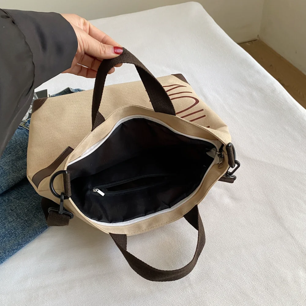 Letter Print Canvas Tote Bag, Large Capacity Handbag for Women