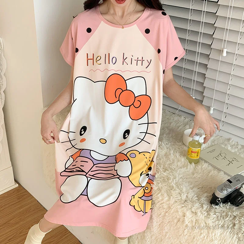 Sanrio Cinnamoroll Hello Kitty Summer Dress Oversized Tshirts Women Casual Fashion Home Clothes Y2k Female Loose Pajama Dresses