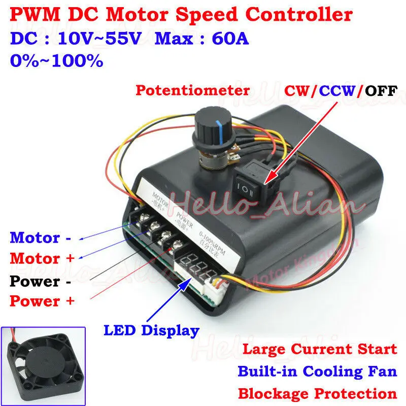 Светодиодный дисплей DC 10-55V 12V 24V 48V 60A PWM контроллер скорости двигателя постоянного тока CW CCW OFF реверсивный Регулируемый переключатель Встроенный вентилятор охлаждения