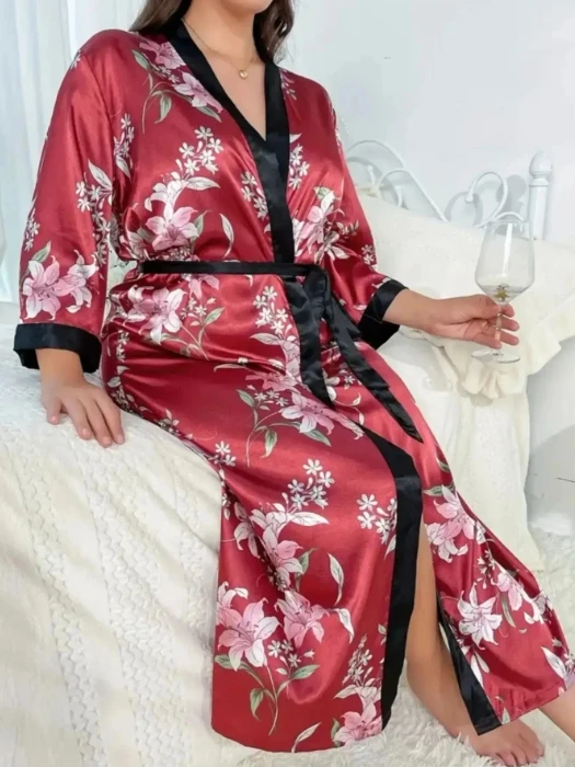 Large size sleepwear women\'s long imitation silk sexy nightgown set, fashionable and casual loose printed sleepwear 2-piece set