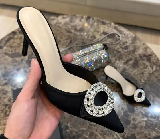 

Moraima Snc Sexy Pointed Toe Rhinestones Buckle High Heel Shoes Women Thin Heels Mules Offie Lady Dress Shoes