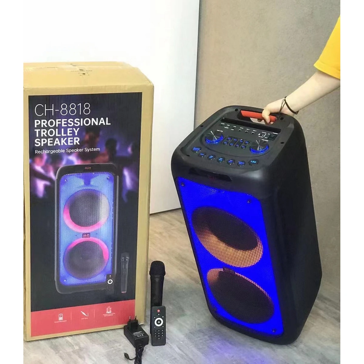 CH-8818 Factory wholesale double 8 inch light speaker Outdoor portable wireless speaker with wireless microphone