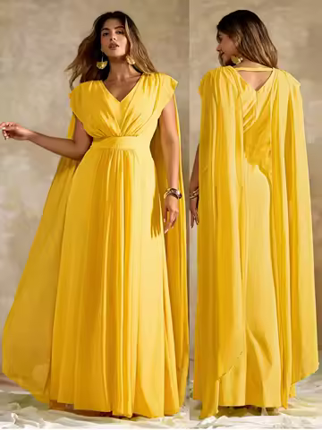 Plus Size V-Neck Chiffon Cape Maxi Dress, Flowy Yellow Evening Gown