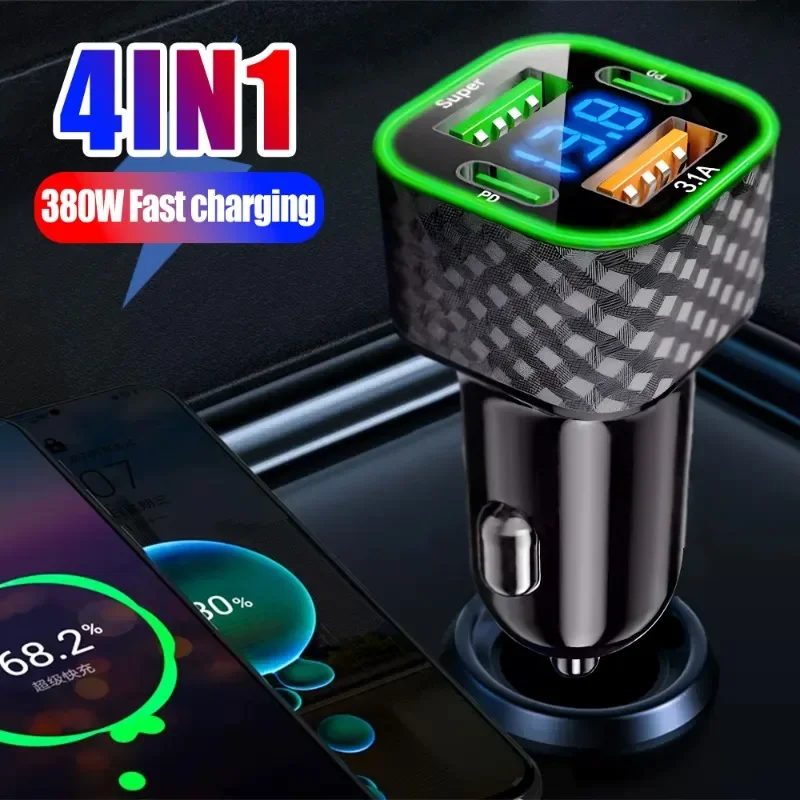 380W Car Mobile Phone Charger Dual PD Dual Type-C 4-in-1 Digital Display Auto Charger DC 12V/24V Super Fast Charge Adapter