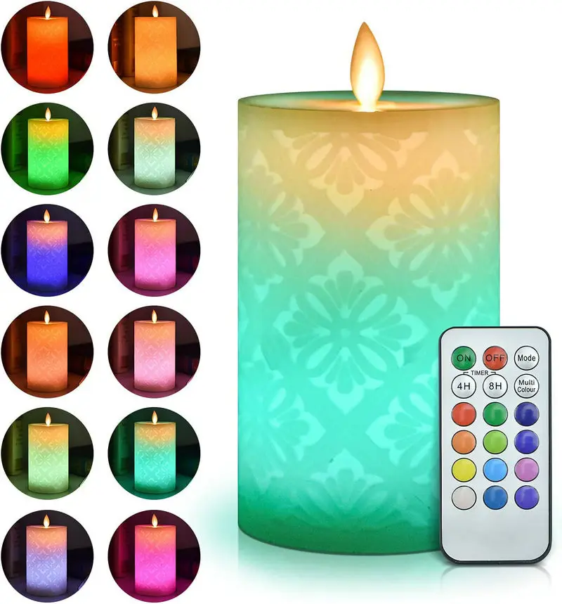 Flameless Candles with Remote Color Changing LED Candle Light Carved 3D Moroccan Designs Paraffin Candles Flickering Moving Wick