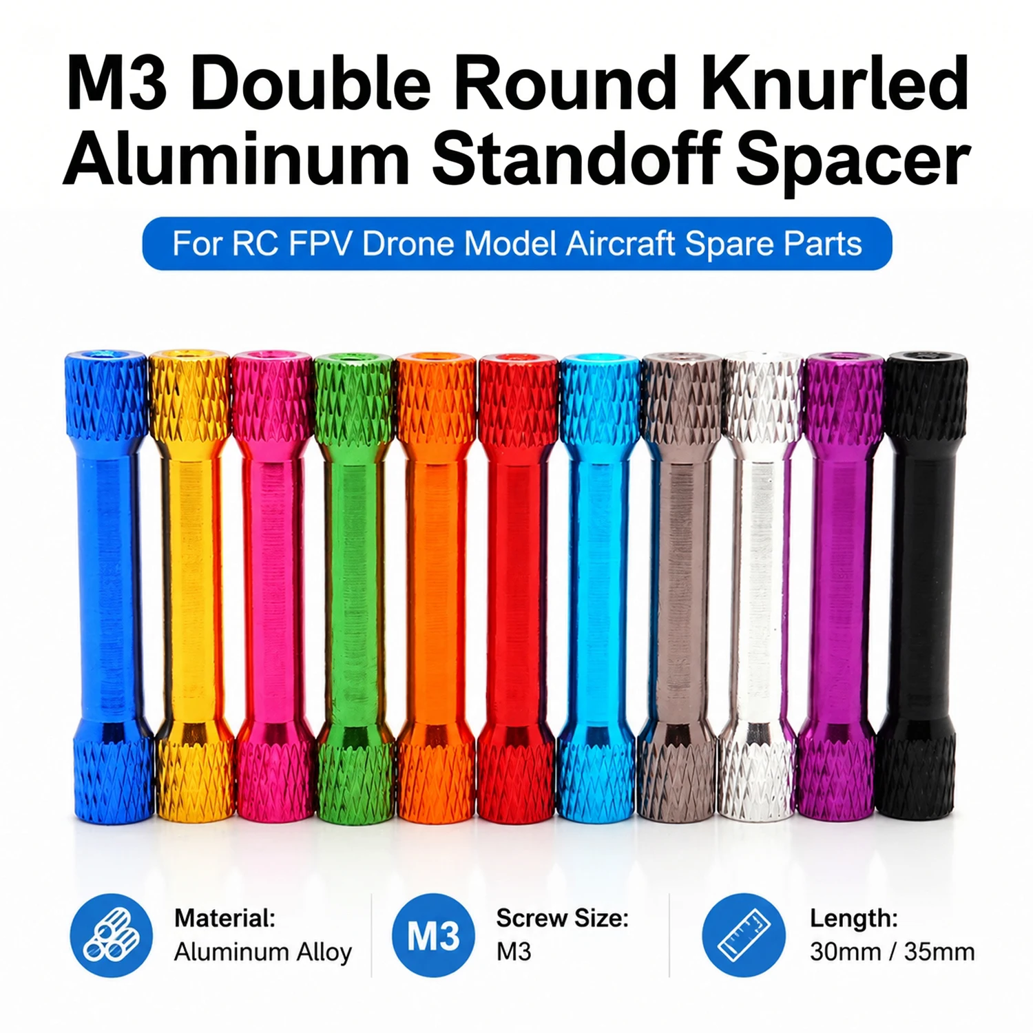 M3 30mm / 35mm Double Round Knurled Colorful Aluminum Standoff Spacer Column Round For RC FPV Drone Model Aircraft Spare Parts