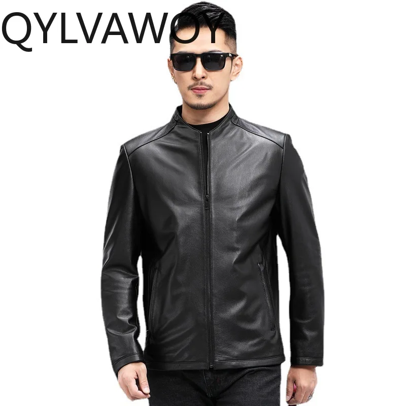 

QYLVAWOY Leather Jackets Man Spring Autumn Thin Coat Stand Collar Top-grain Calfskin Leather Jacket High-end Jackets for Man