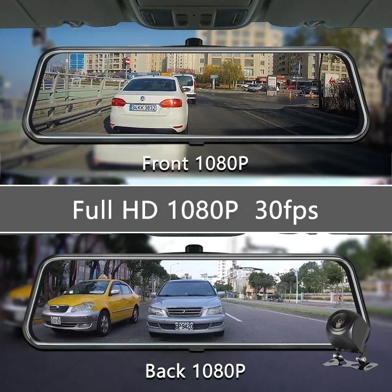 10'' Touch Screen Car Stream Media Dashcam DVR 1080P Dual Lens IPS Rearview Mirror Dash Camera Night Vision Video Recorder