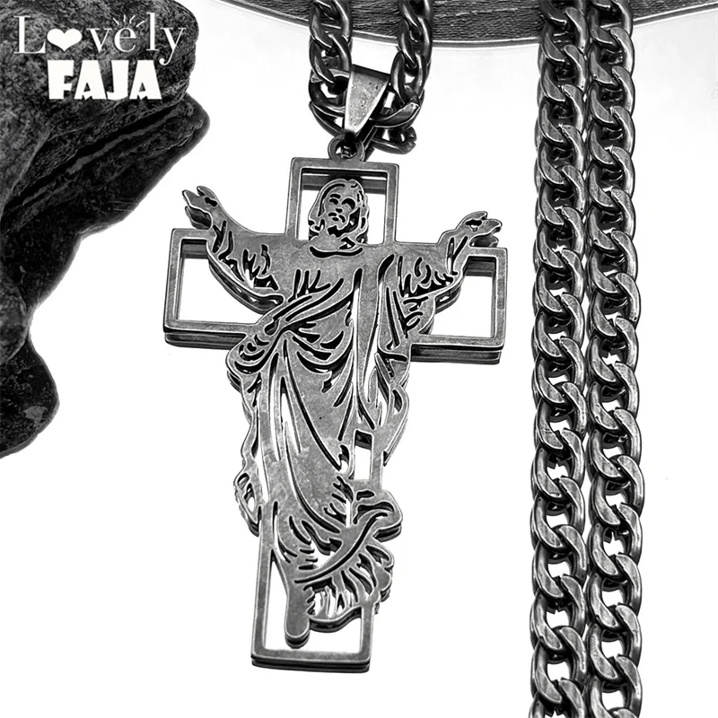 

Christian Jesus Crucifix Cross Pendant Necklace for Women Men Stainless Steel Hip Hop Black Color Man Chains Amulet Jewelry