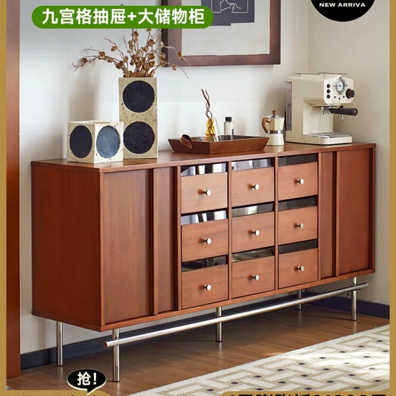 LH solid wood sideboard, living room storage, small apartment, bed-foot storage, vintage-style nine-drawer cabinet