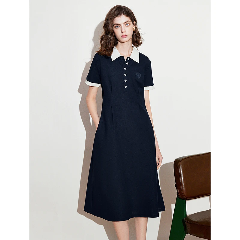 TOYOUTH vestido de mujer 2025 primavera nuevo Color contrastante cuello POLO cintura delgada una línea vestido largo