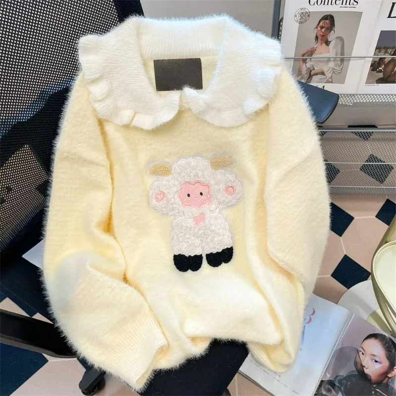 

Korean Style Versatile Cute Doll Collar Soft Waxy Pullover Women's Autumn Winter New Imitation Mink Knitted Long-sleeved Top