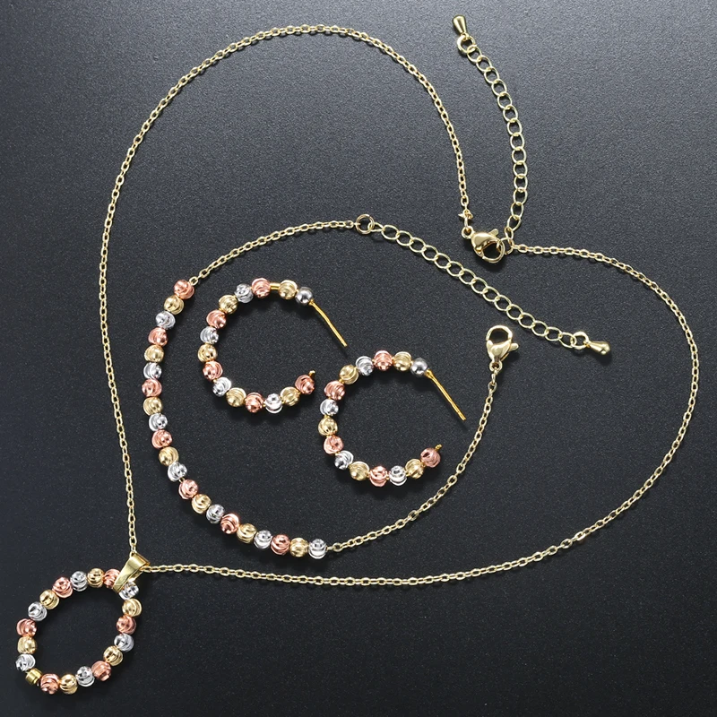 18K Gold Plated Brass Tri-Color/Multi-Color Beaded Jewelry Set Necklace Bracelet Earrings For Women Gift
