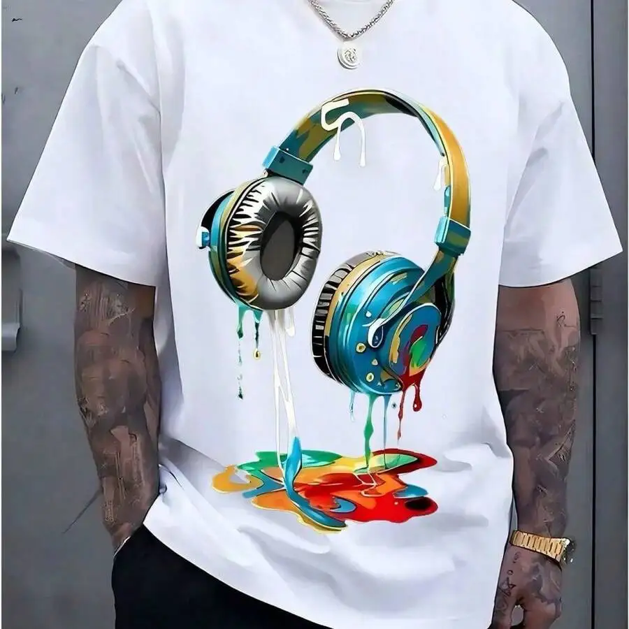 Men's Navy Blue Graphic Tee With Vibrant Headphone Print - 220g Thick Cotton, Casual & , Short Sleeve Crew Neck T-Shirt, Machine