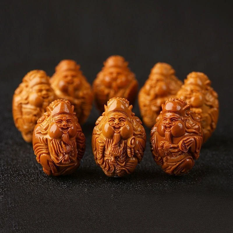 

Браслет для мужчин из оливковых бусин с крупными семенами 1,9 мм, сердцевиной Rui Long и восемью фигурками Cai Shen, резные бусины.