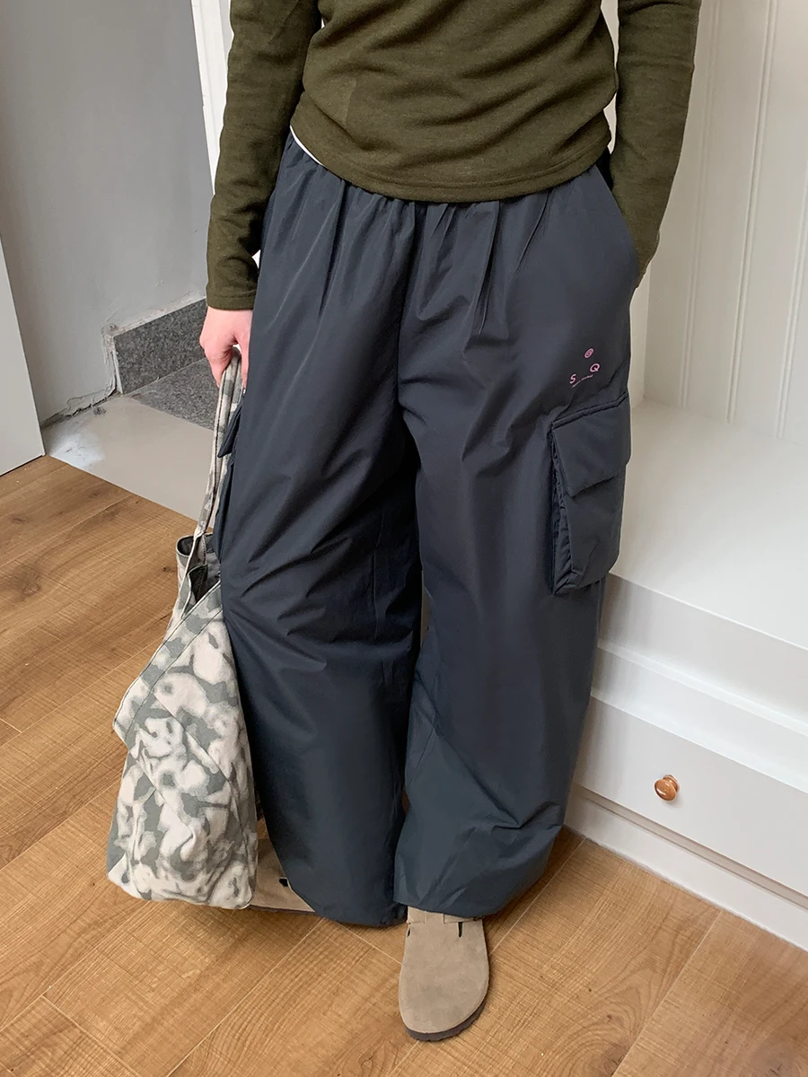 Women's Loose Skiing Workwear Pants Outdoor Warmth Cold Resistant White Duck down Filling Long Trousers Natural Waist Polyest...