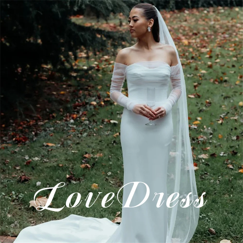 Liebe elegante Krepp lange Ärmel Fleck Meerjungfrau Brautkleider einfache Schatz bodenlangen offenen Rücken Brautkleid vestido de novia