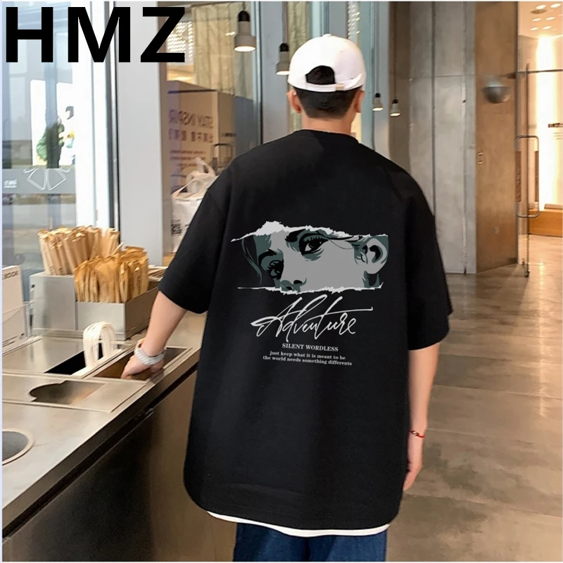 HMZ Summer Oversized Men T-Shirt 100% Cotton Loose Printed Tee Casual Men Fashion Tshirt Classic Comics Tops Casual Street Tees