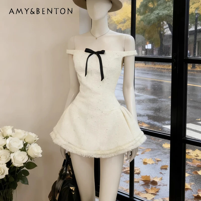 Original French Design Sweet Off-the-shoulder Women's Dress 2026 Spring Summer New Bow Fringed Edge A-line Short Dresses Ladies