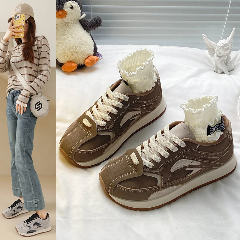 

2025 New Women's Lace Up Retro Casual Sneakers 3CM Heel with Round Toe Comfortable Heel Wear Resistant Outsole for Daily Wear