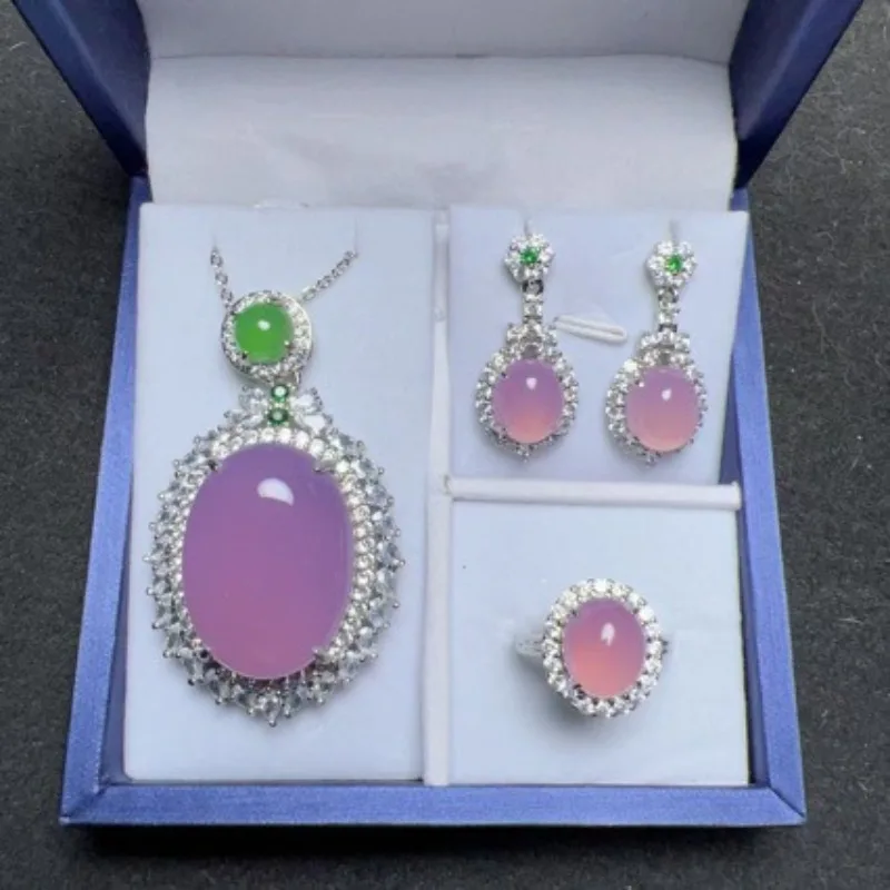 

Chalcedony Set Pink Chalcedony Necklace Pendant Earrings Ring Women's Jewelry Three-piece Set