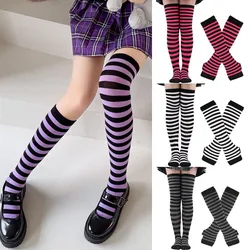 HOT 1Set Women Over Knee Long Stripe Printed Thigh High Striped Socks Gloves Fashion Keep Warm Cotton Socks Arm Sleeve Plus Size