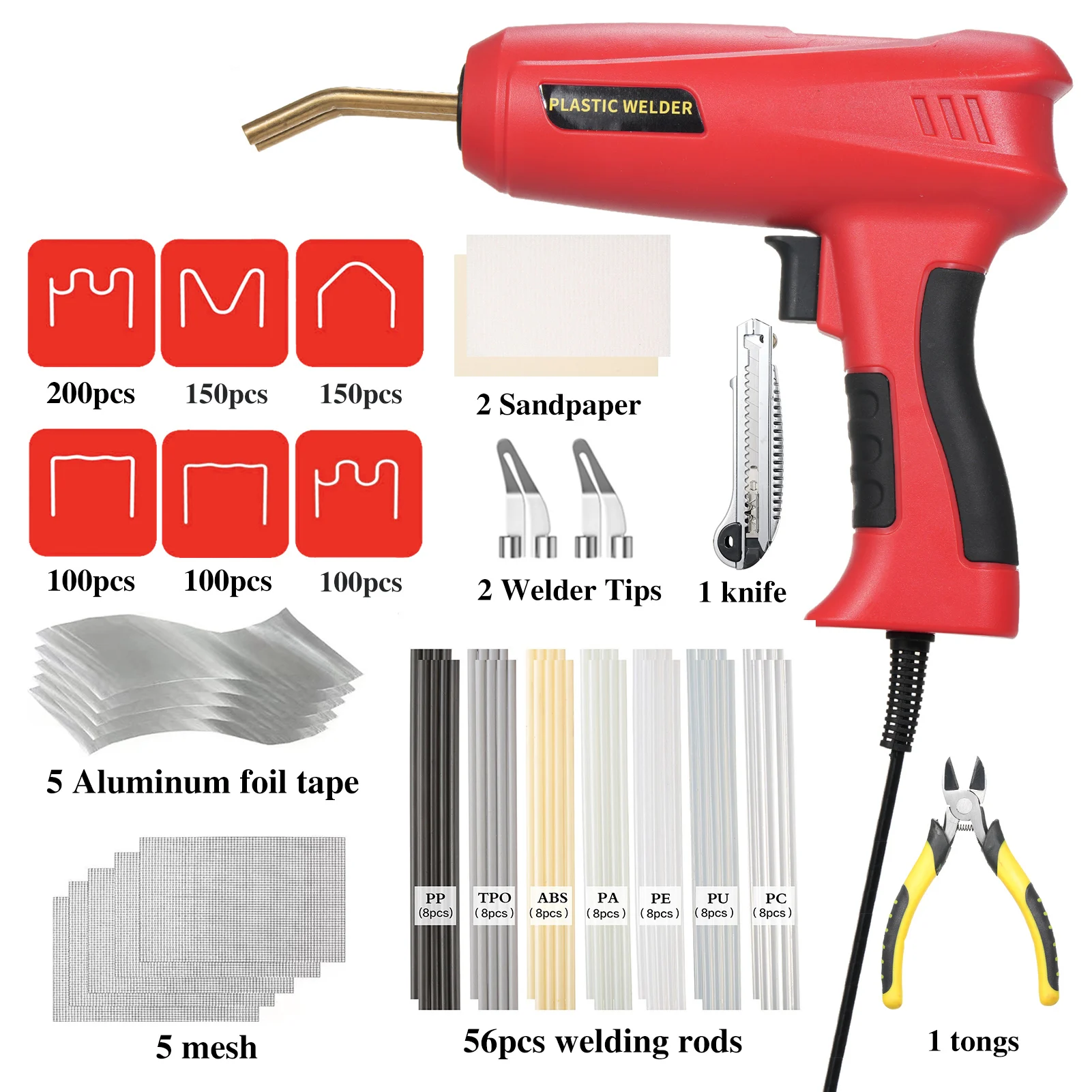 150W Plastic Welder,2 in 1 Handheld Hot Stapler Machine,800PCS Hot Stapler,56 pcs PP Plastic Welding Rods,knife,Plier Car Bumper