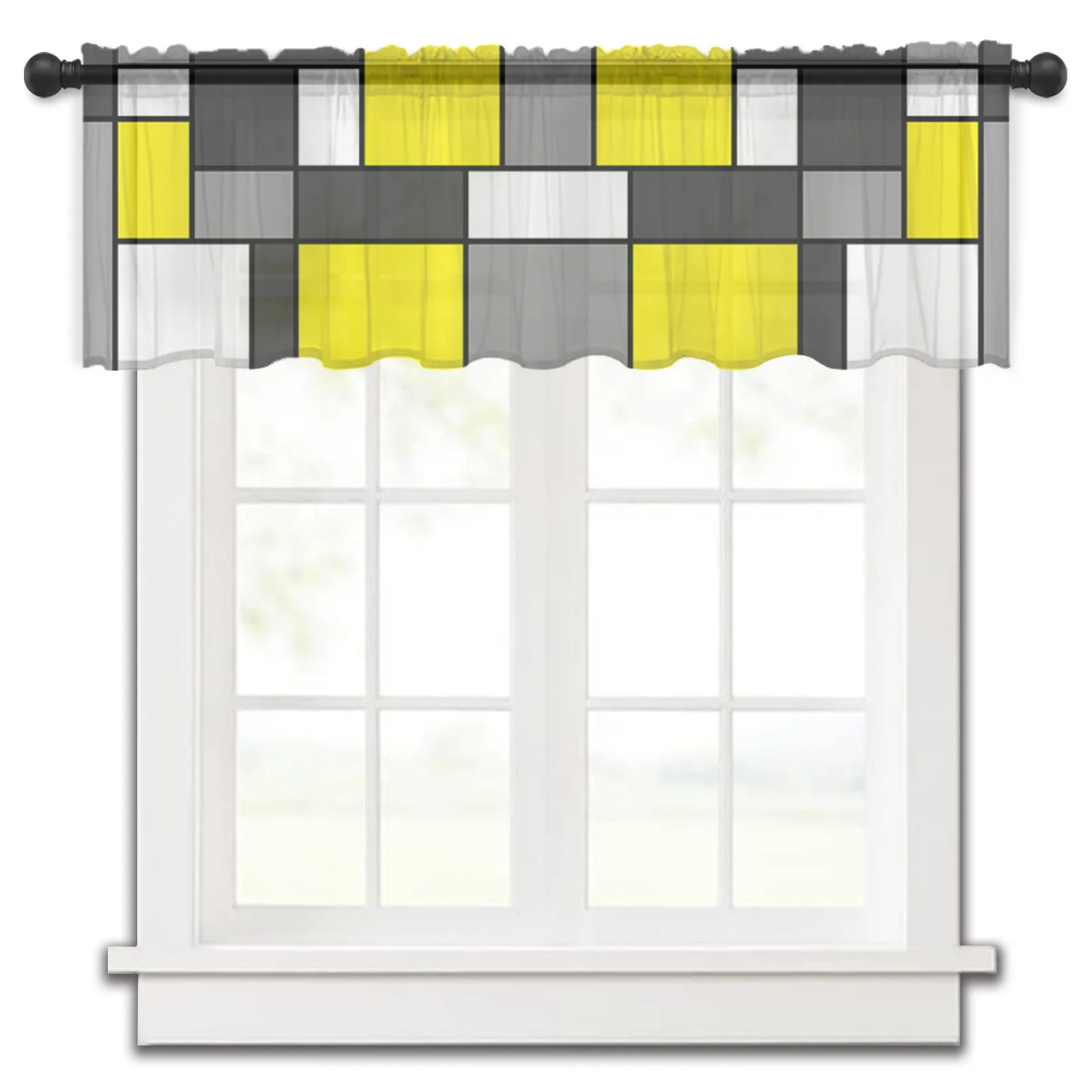 Geometric Figures Yellow Abstract Rod Pocket Short Curtain Half-Curtain For Kitchen Door Drape Cafe Small Window Sheer Curtains