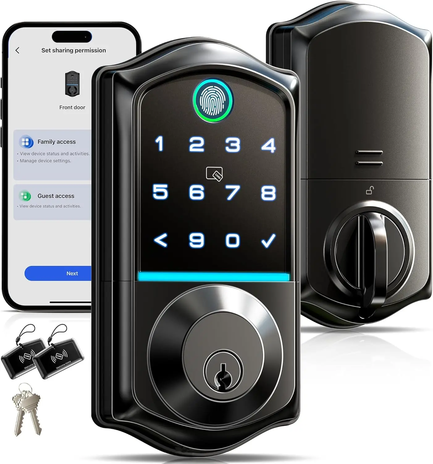 Veise VE017 قفل الباب الذكي ببصمة الإصبع، التحكم في التطبيق، دخول بدون مفتاح 7 في 1، قفل تلقائي، منفذ طاقة في حالات الطوارئ