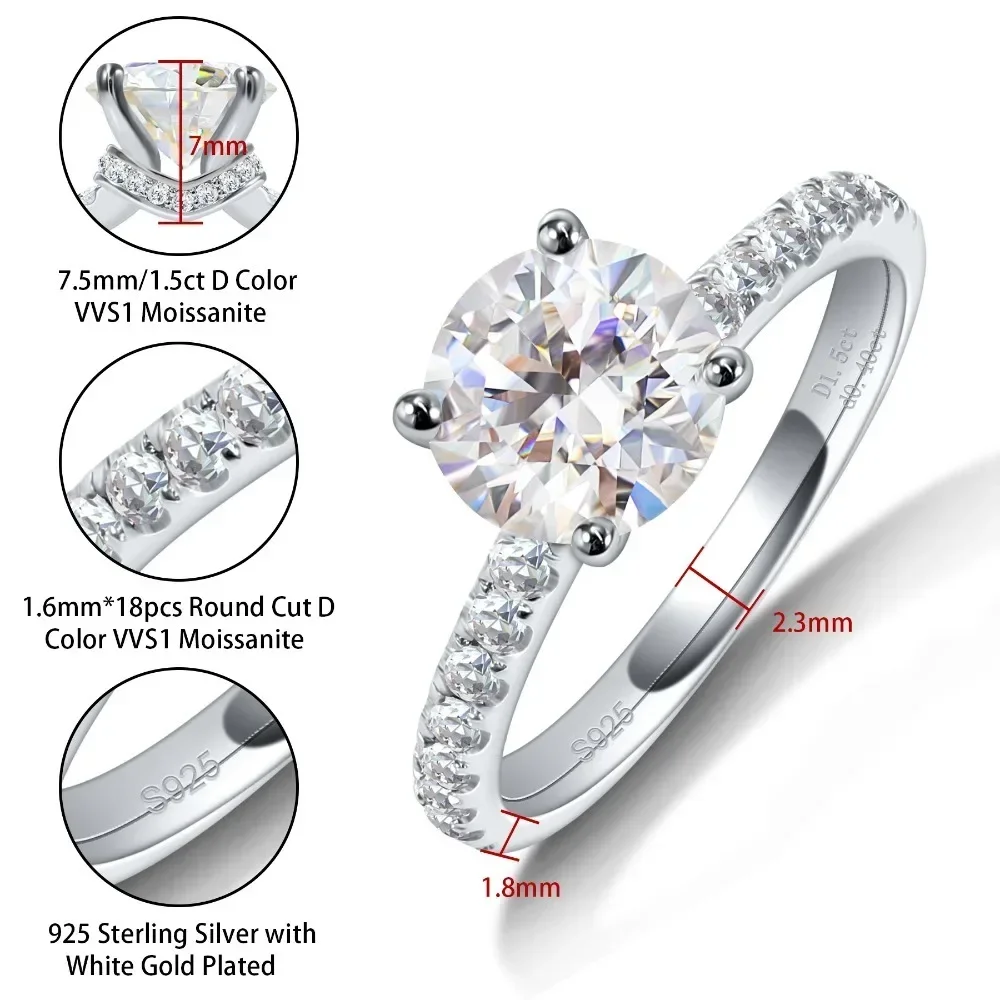 M-JAJA 1.5ct Moissanite Engagement Ring for Women Half Eternity Diamond Wedding Band S925 Sterling Silver Bridal Wedding Jewelry