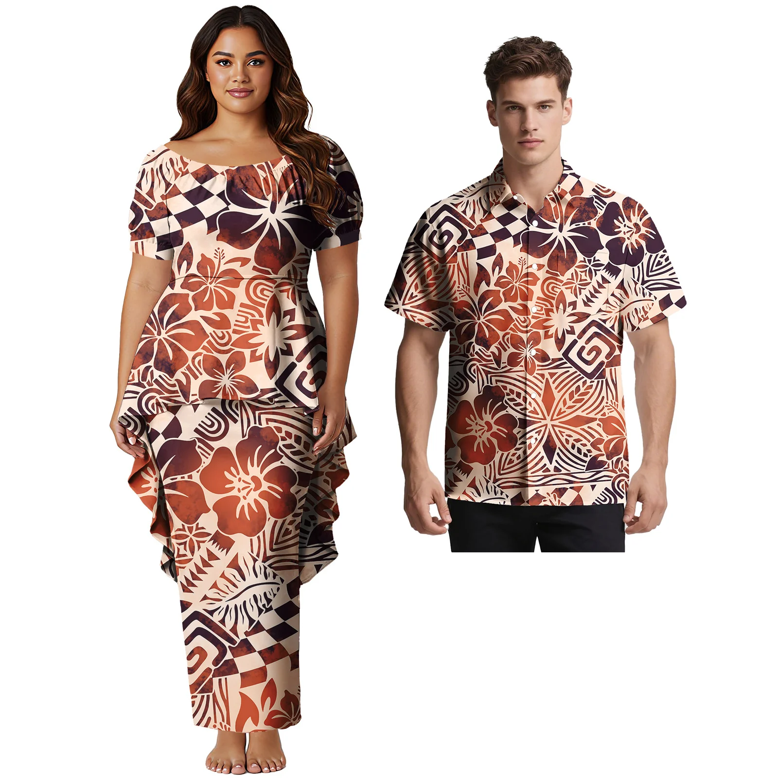 Hawaii Custom Logo His-and-Hers Clothes Church Style Ladies 2pcs Long Dress Men Short Sleeve Shirt Samoan Polynesian Couple Suit