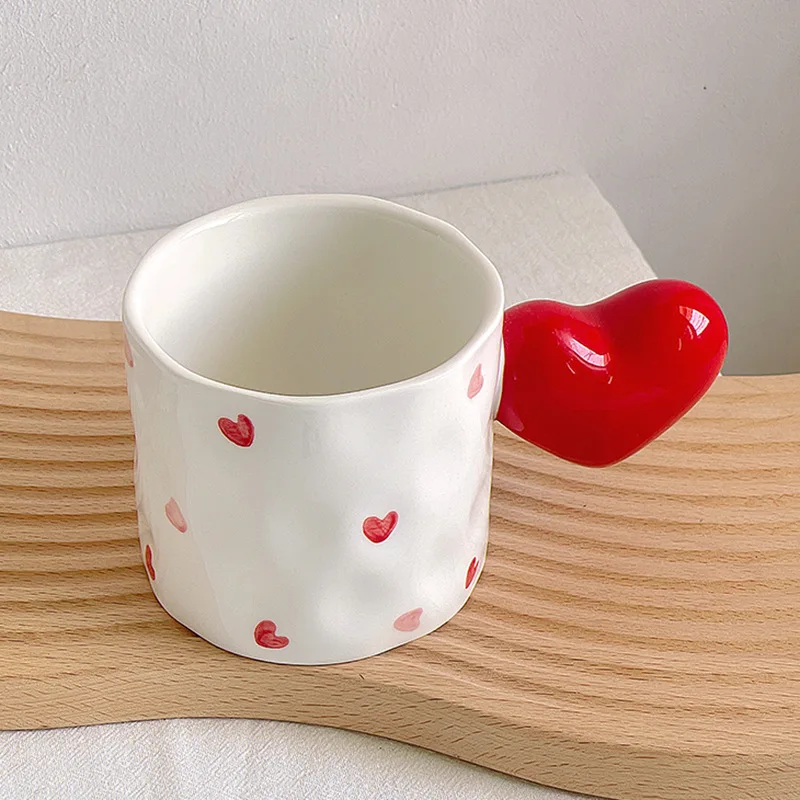 Cute Ins Style Love Polka Dot Ball Handle Ceramic Irregular Mug Couple Ceramic Water Coffee Breakfast Cup White and Red Mug