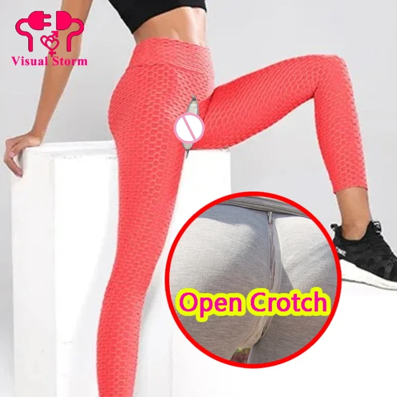 ผู้หญิงเซ็กซี่เปิด Crotch Legging Push Up Gym Crotchless กางเกงคู่ชุดชั้นในเอวสูงซิปเสื้อผ้าออกกําลังกายสําหรับเพศ