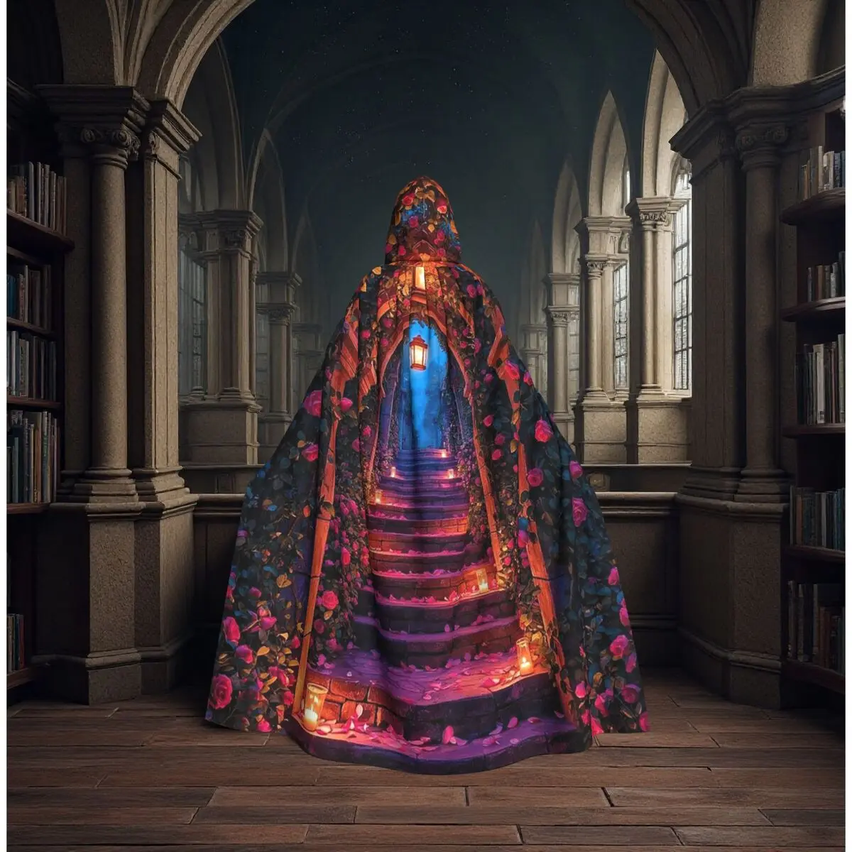 

Garden Floral Inspirations Long Hooded Cloak Witch Medieval Costume Cosplay Cape HalloweenCoat Adult Unisex