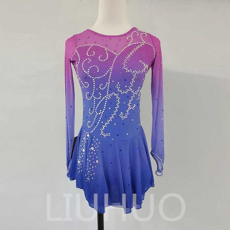 Ice Figure Skating Dress Girls' Women Purple Long Sleeves Dancewear Handmade Dancewear Competition