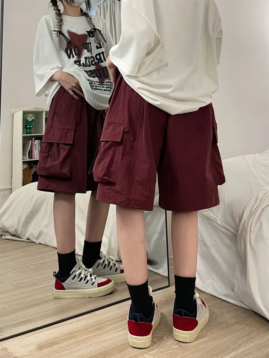 

Мужские летние свободные прямые брюки-капри (пять четвертей) в американском ретро-стиле, цвет винный, для работы, размер 300 (плюс размер)