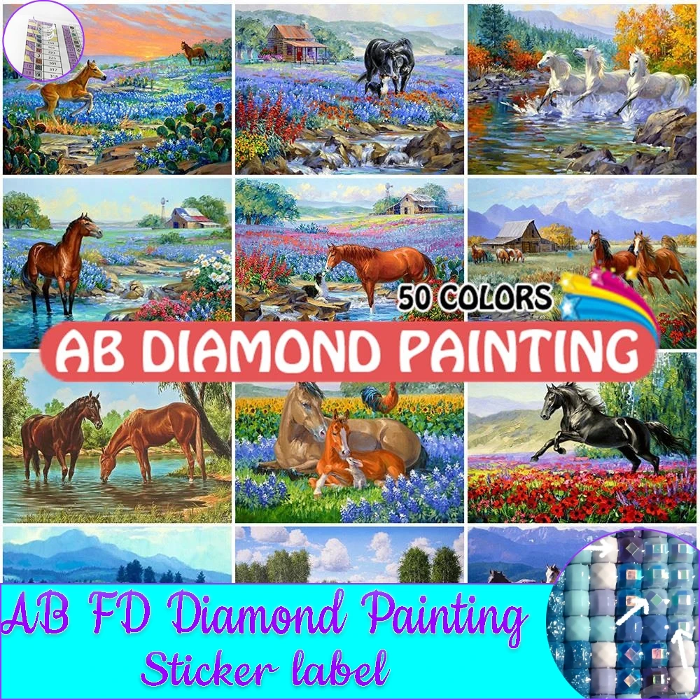 

AB Diamond Painting 50 Colors Embroidery Horse Mountain Lake Full Drill 5D Mosaic Cross Stitch Animal Wall Sticker Home Decor