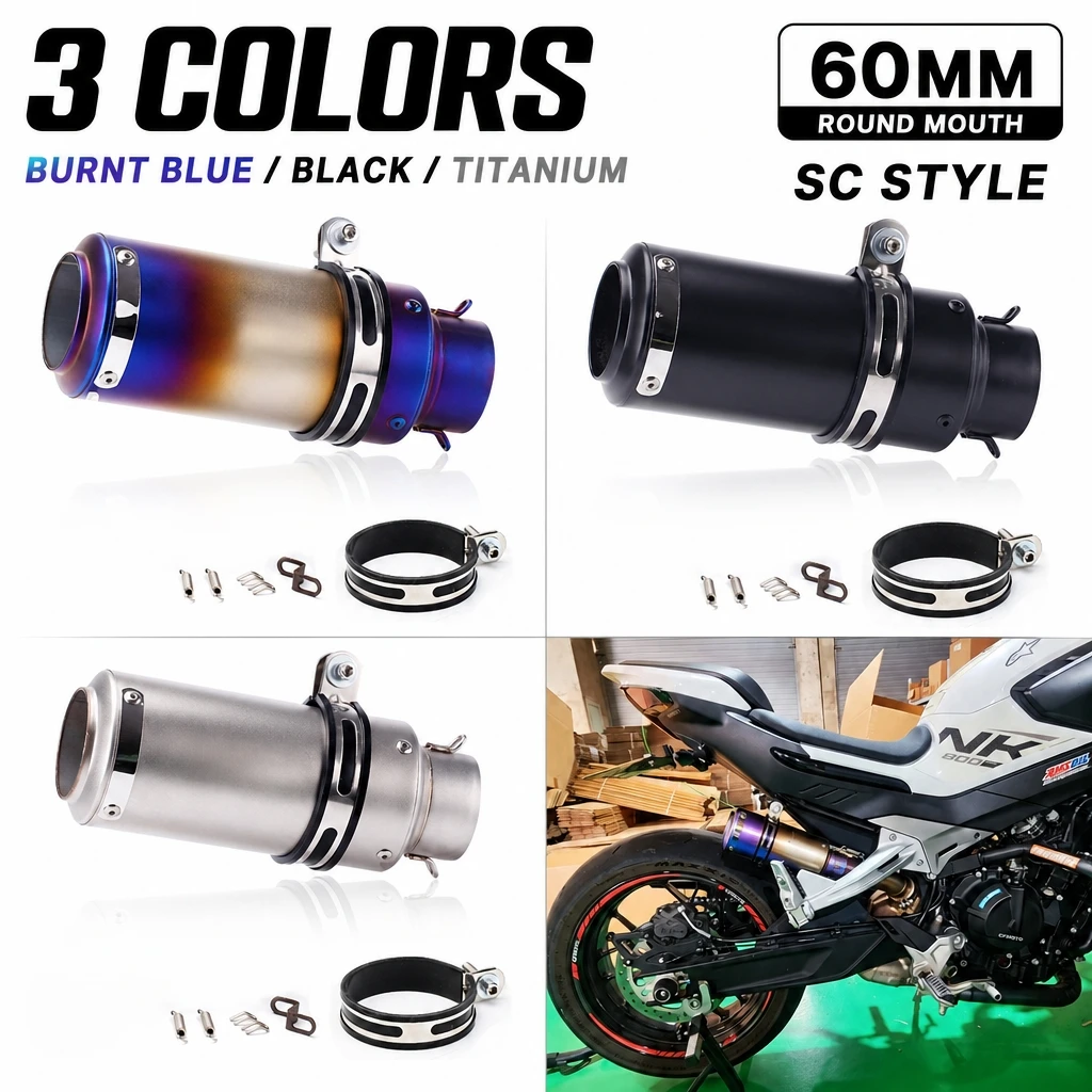 Universal 60mm Modified Straight-Through Motorbike Exhaust Pipe Burnt Blue Titanium Black - 3 Colors for Enhanced Performance