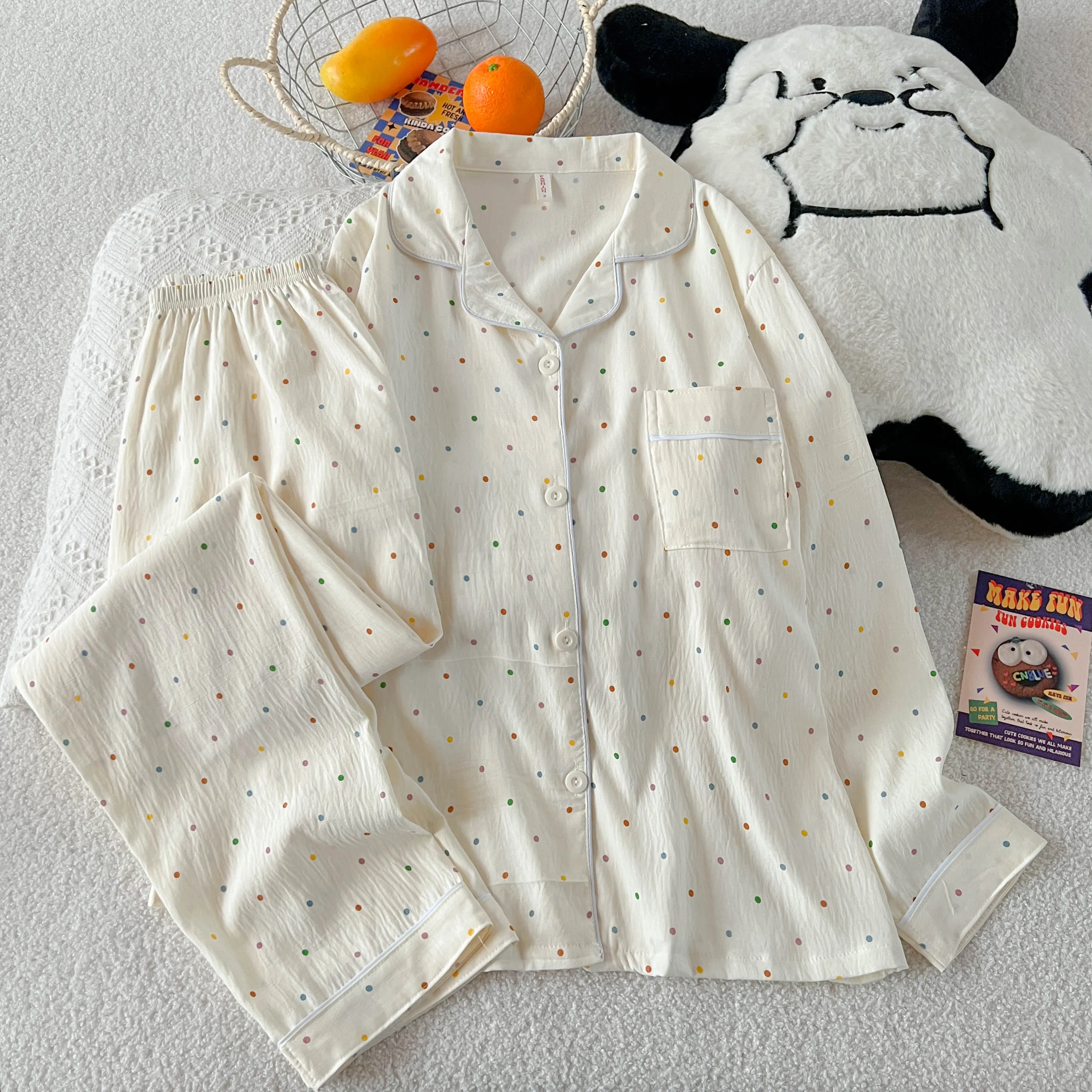 

Colorful Polka Dot Sweet Pajama Sets Long Sleeved Autumn Sweet Women's Outerwear Pajamas Suits Nightwear Home Clothes