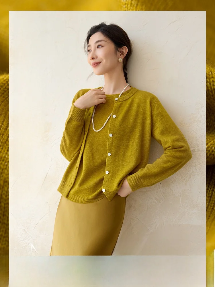 

N1 Cloud Wool Series Seamless Knitted Wool Blend Cardigan Vest Women's Commute Style Long Sleeve round Neck Knitwear