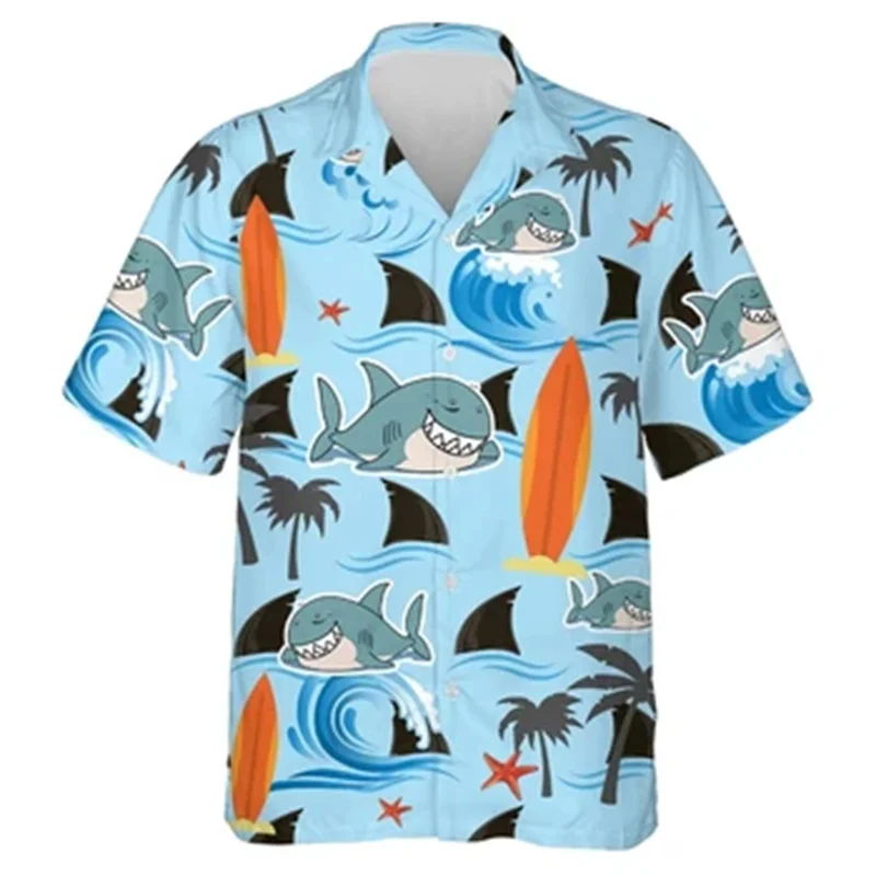 

2024 Men's Shark Print Shirt Summer Short Sleeve Button Hawaiian Shirt Fashion Loose Large Size Lapel Shirt XS-5XL