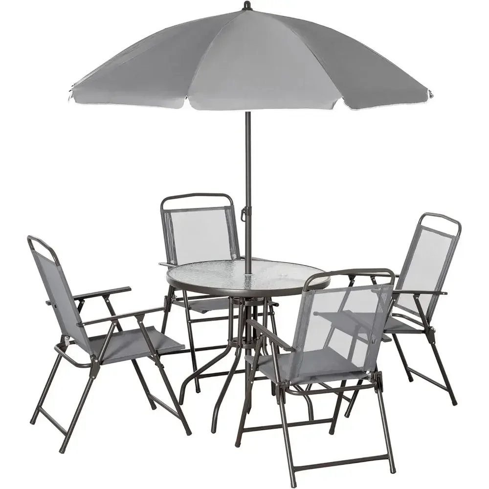 Gray 6-Piece Patio Dining Set with Round Glass Table and 4 Folding Chairs for Outdoor, Garden, Backyard, or Poolside