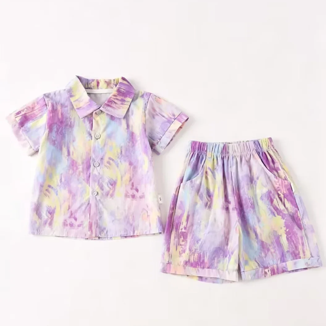 Baby Boy 2PCS Casual Outfit Watercolor Print Short Sleeve Button-Down Shirt & Shorts Set for Kids Daily Vacation Beach Wear 4