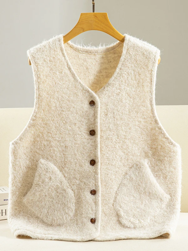 

Женский вязаный жилет-топ свободного кроя, теплый, пушистый, осенне-зимний, новинка 2025 года, с пуговицами, однотонный